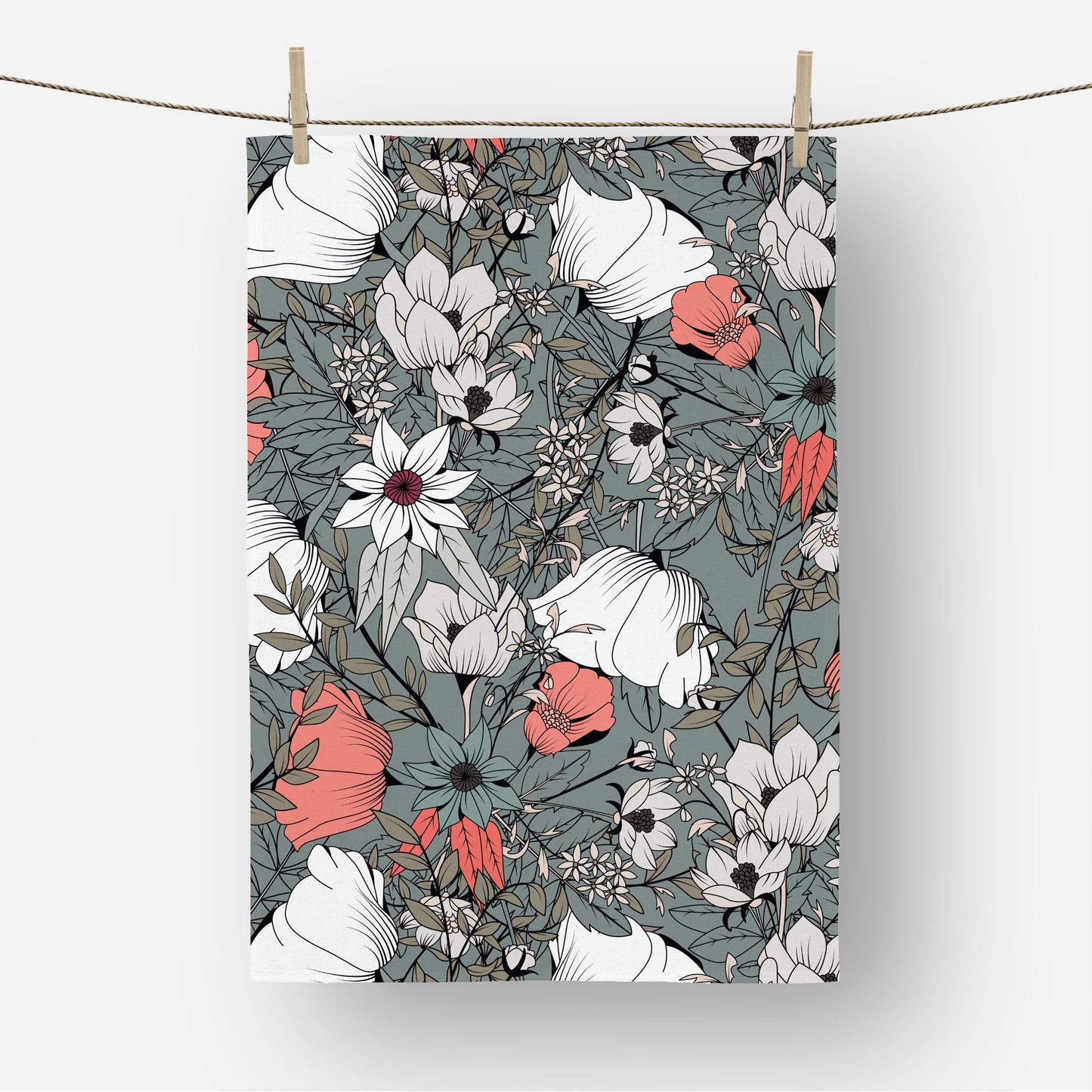 Hand drawn Dark Flowers - Tea Towel