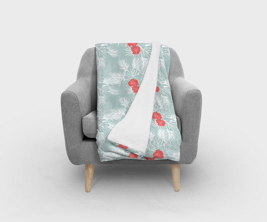 Tropical Pattern with Monstera Palm Leaves and Flowers Blanket