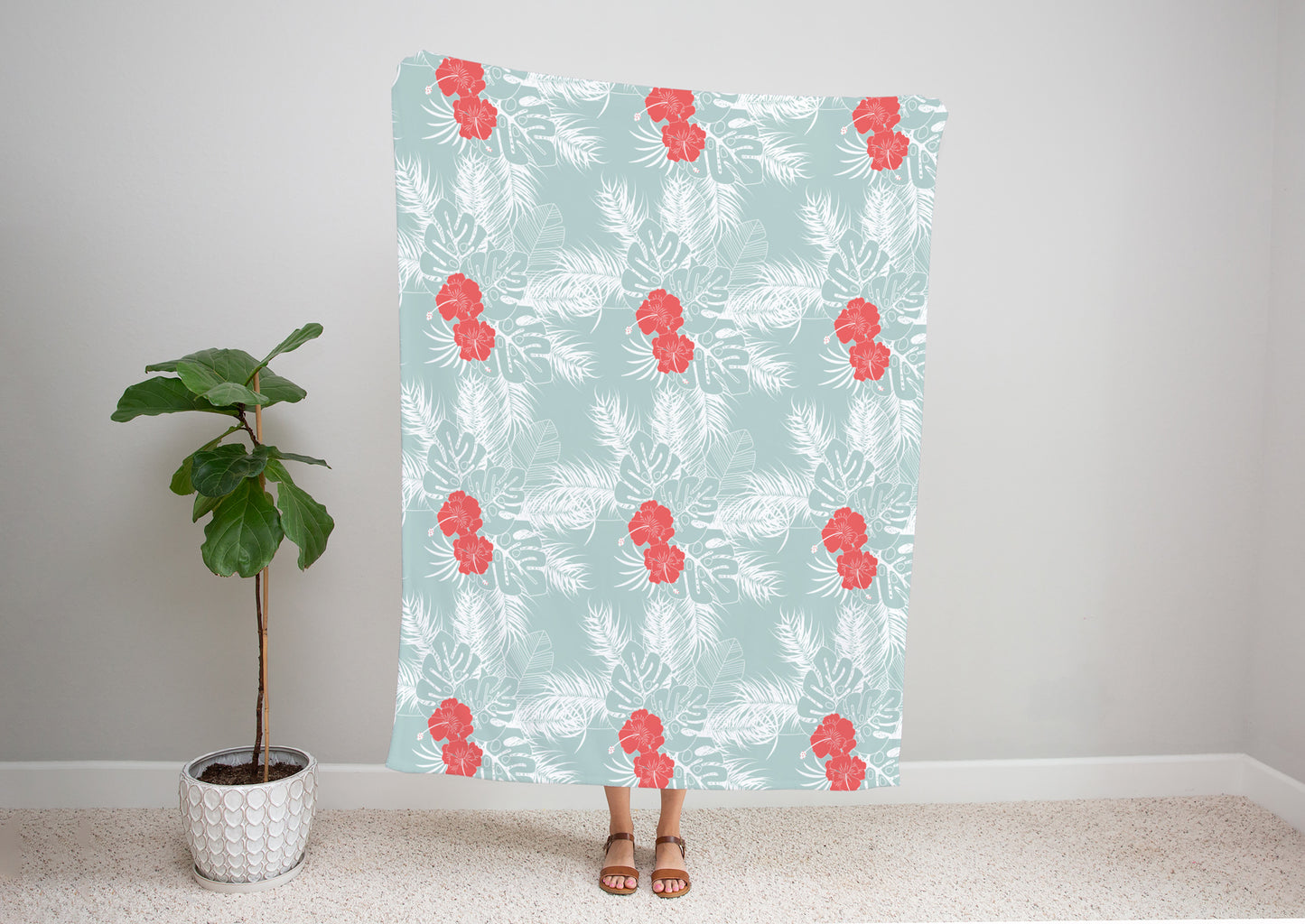 Tropical Pattern with Monstera Palm Leaves and Flowers Blanket