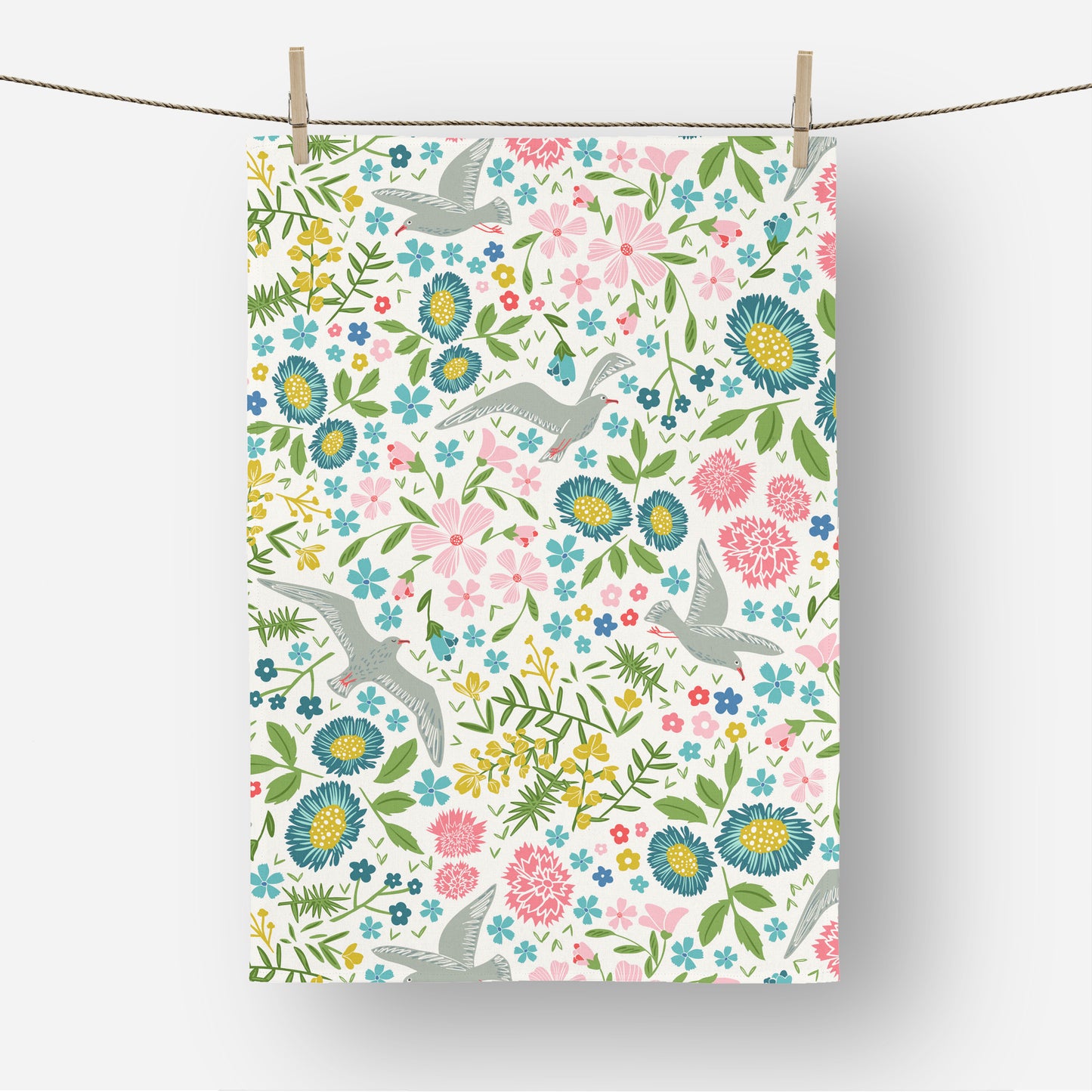 Whimsical Flowers & Birds  - Tea Towel