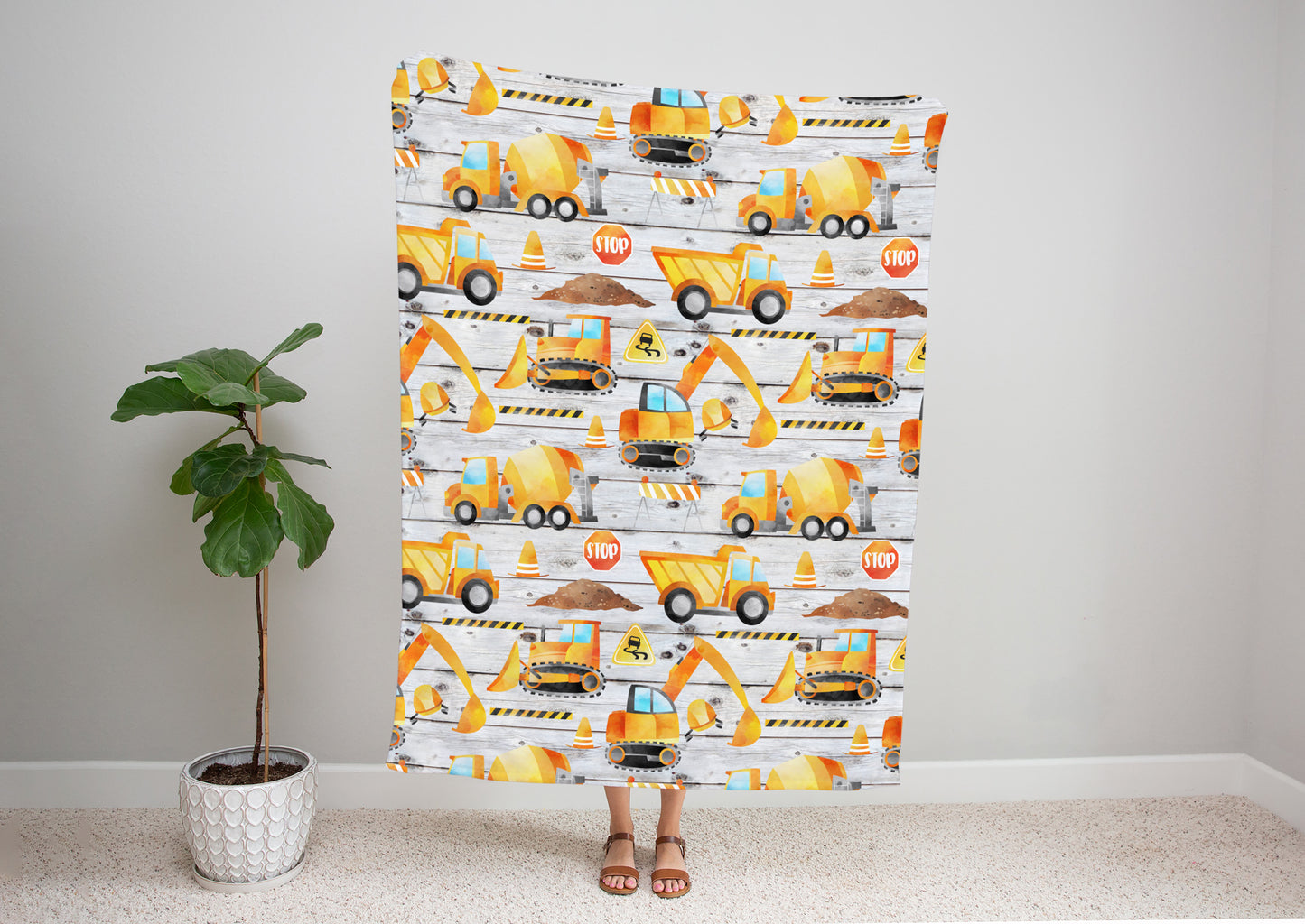 Construction Trucks on a Shiplap Single Blanket Kids