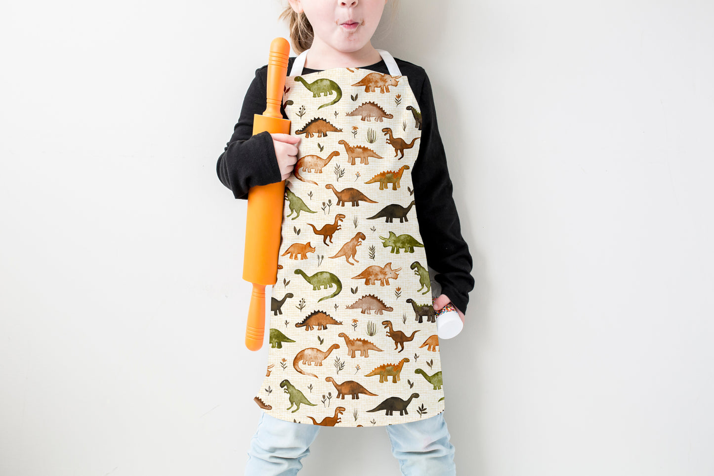 Tiny Mustard and Olive Green Dinos Kids Apron