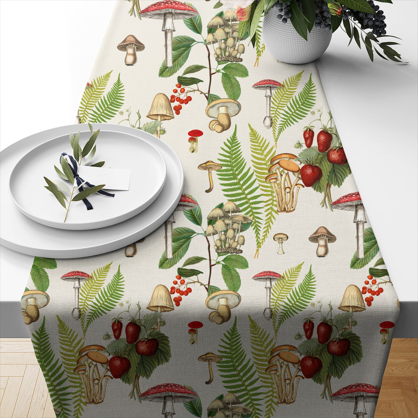 Forest Wild Flowers Mushrooms Table Runner